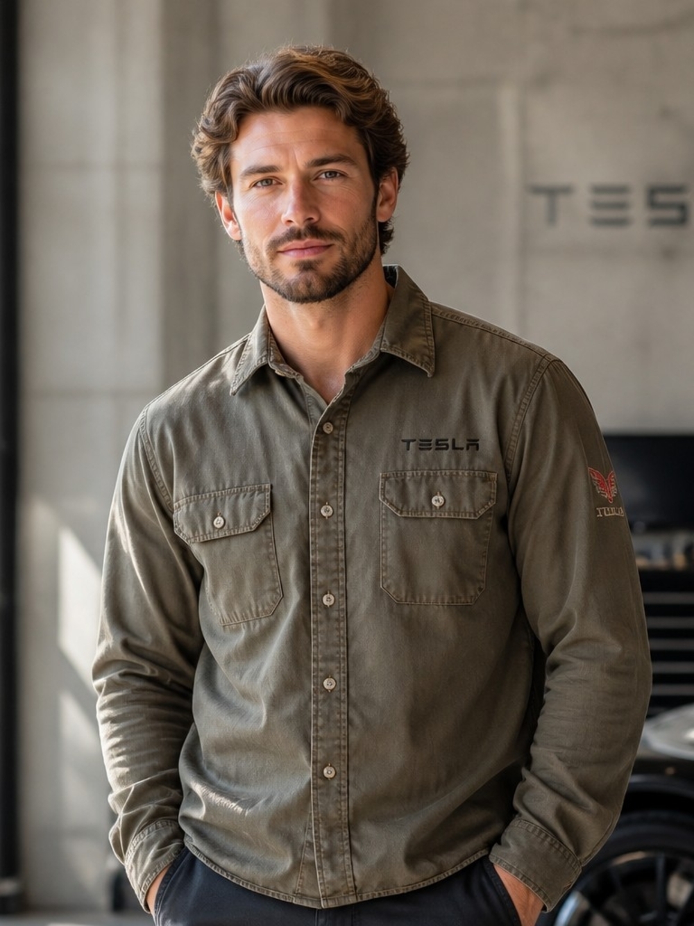 Tesla Men's Olive Utility Button-Up Jacket